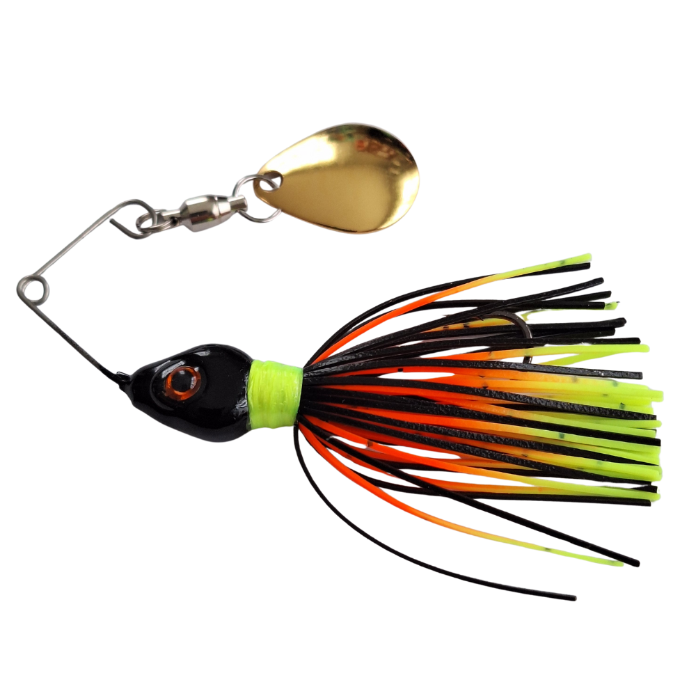 Spinnerbait with colorful skirt and gold blade on a white background
